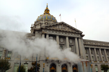 San Francisco, California: San Francisco City Hall with steam rises from the street - 726698699