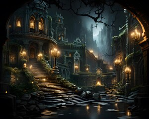 Fairy tale castle in a foggy night. 3D rendering