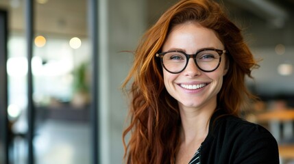 smiling woman with glasses and dark red hair in a business office