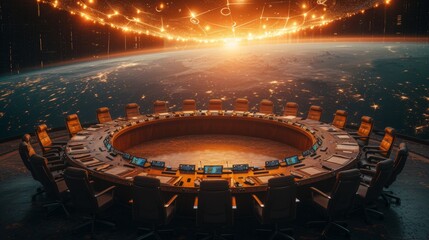 Large Round Table in Space Station - obrazy, fototapety, plakaty