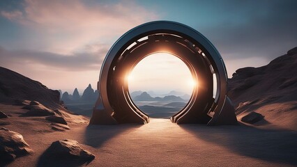 sunset in the mountains A futuristic background of a circular entrance to a virtual reality, with a glowing energy  