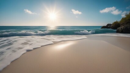 beach in the morning A beautiful sandy beach and soft blue ocean wave that looks realistic and detailed, the beach  