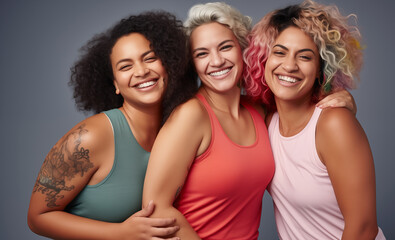 Portrait of four cheerful smiling and laughing women tattooed and suntanned studio shot. They looking at the camera. Women's friendship, relations, and happiness concept image.