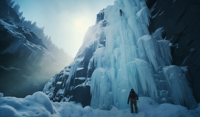 Ice climbers dressed in warm climbing clothes, safety harnesses and helmet climb frozen vertical waterfalls belaying each other using belay device. . Active people and sports activities concept image - obrazy, fototapety, plakaty