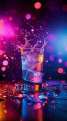 Whiskey glass with ice cubes and water splashes at bright multicolored neon background