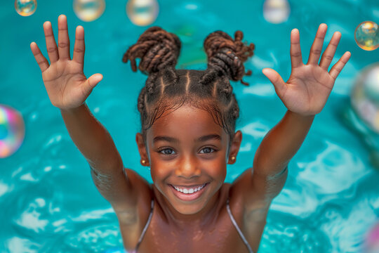 Happy, smiling fictional African-American little girl throwing her hands in the air while jumping out of the water in a pool. Concept of powerfully playful moments.