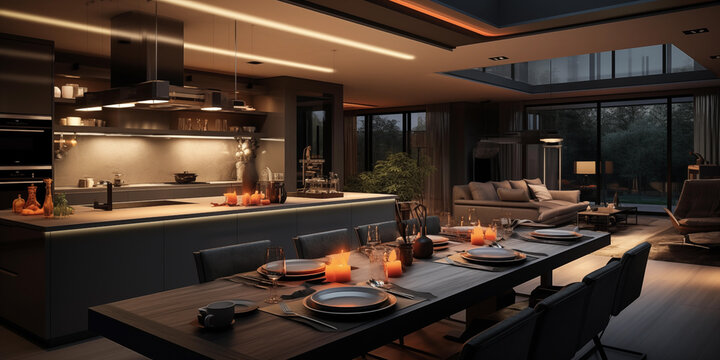 Realistic closeup of luxurious Modern Kitchen Interior, Efficient Modern Kitchen Sleek Design, a fashionable kitchen with dinning table and candles on table, decorated with a variety of accessories