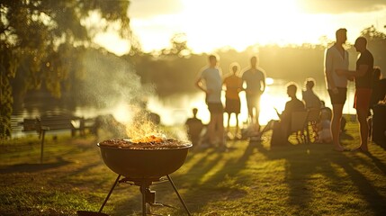 a sleek Webber grill sizzles with the aroma of pizza being expertly cooked in a picturesque park setting, evoking the ambiance of outdoor culinary delight and camaraderie.