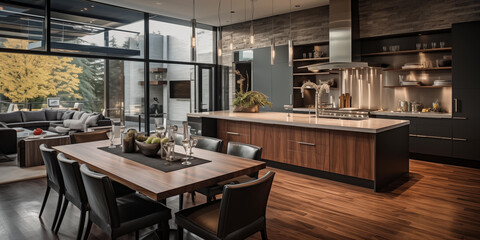 Realistic closeup of luxurious Modern Kitchen Interior, Efficient Modern Kitchen Sleek Design, a fashionable kitchen space with glass window, decorated with a variety of accessories