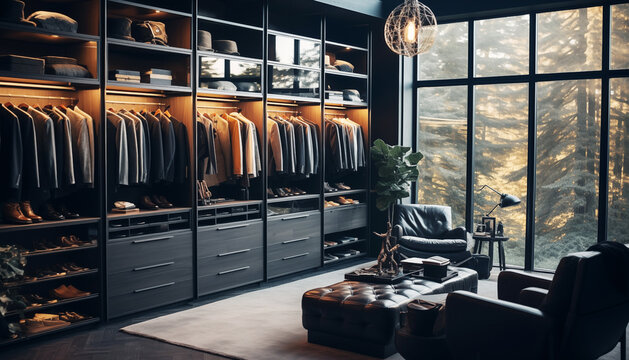 Modern businessman home big window wardrobe with plenty of classic man suits, shirts, fancy leather shoes and hats interior design closet image luxury accessories, business people and fashion concept.