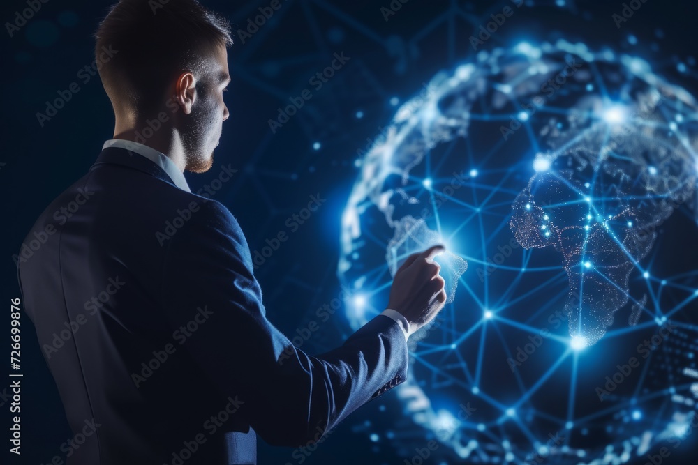 Poster businessman manipulating global network map generative ai