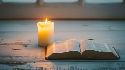 an open holy book, the Bible, next to a burning candle on a white wooden table, while communicating with God