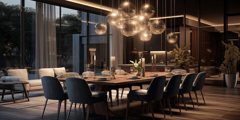 Realistic closeup of luxurious Modern Kitchen Interior, Efficient Modern Kitchen Sleek Design, a kitchen with dinning table and numbers of pendant, decorated with a variety of accessories - obrazy, fototapety, plakaty