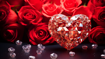 Picture a diamond heart accompanied by a bouquet of roses with sparkle brilliant. Love romantic concept