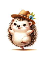 Cute dancing hedgehog wearing a summer hat. Watercolor illustration isolated on white background
