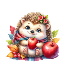 Cute hedgehog with an apple in a scarf and autumn leaves. Watercolor illustration on white background