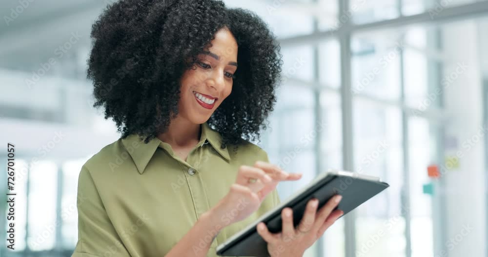 Leinwandbilder business, woman and tablet with typing, connection and internet with social media and email notifica