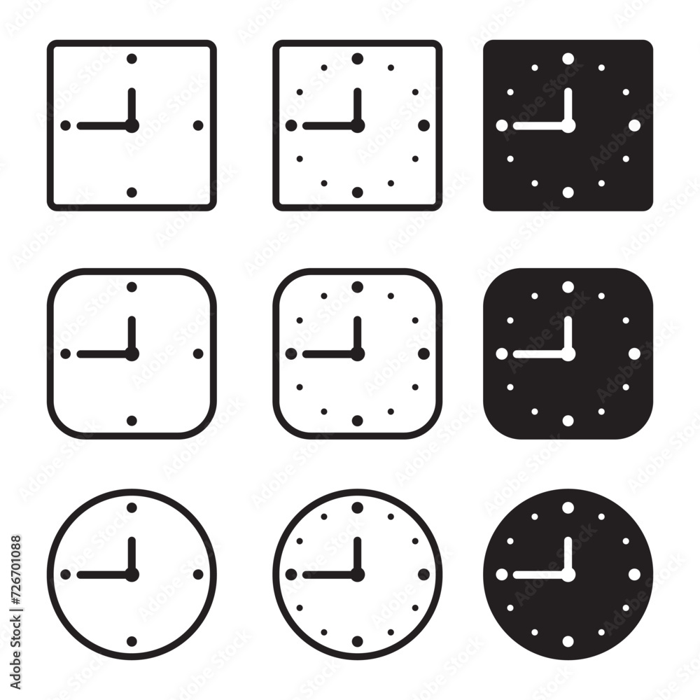 Poster clock icon set. time clock icons collection. line clocks symbol, vector black clocks icons isolated 
