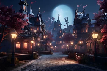 Foto op Plexiglas Halloween night scene with haunted house and full moon. 3d rendering © I