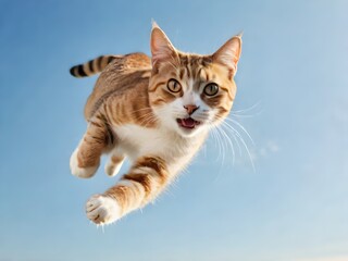 Funny cat jumping on a blue sky background