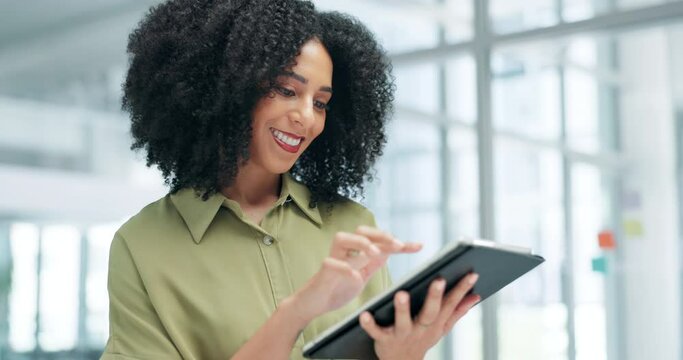 Business, woman and tablet with typing, connection and internet with social media and email notification. Person, employee and worker with a cellphone and mobile user with digital app and consultant