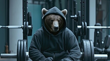 a bear with fur and brown eyes dons a black hoodie and grey shorts, showcasing strength and determination while lifting heavy weights in the gym, enveloped in an atmosphere of motivation.