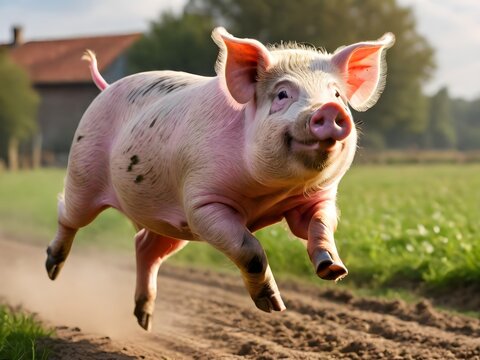 A happy pig runs in nature