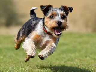 A happy dog is running across the green grass in a jump