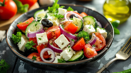 greek salad with feta cheese, tomatoes, olives
