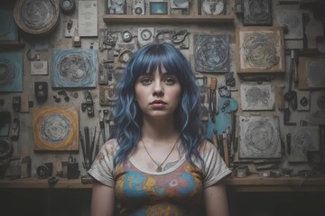 Young Woman Engrossed in Her Artworks, A Portrait of Creativity
