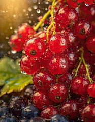 Pyszne, dojrzałe owoce czerwonej Porzeczki w kroplach wody. Generative AI - obrazy, fototapety, plakaty