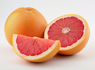 Fresh grapefruits, whole and sliced, isolated on a white background, showing off their juicy red interior.