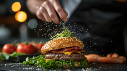 A juicy burger prepared by a professional chef