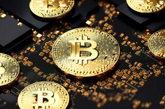 Golden bitcoin on a black background. Cryptocurrency concept. Close up.