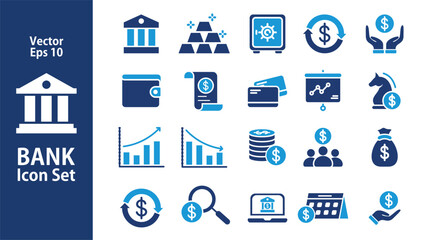 Bank icon set, wallet , online banking, loan, ATM, investment icon vector design illustration, solid icon in trendy style