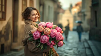 a 35-year-old woman, her face illuminated by a bright smile as she gracefully holds a large bouquet of peonies, her tall stature and elegant coat adding to the allure of the scene.