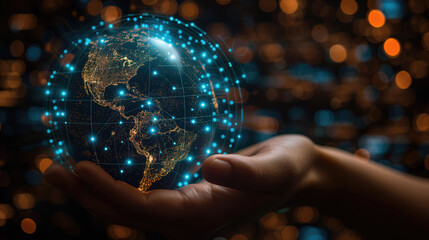 A conceptual image of a hand presenting a glowing digital globe, symbolizing global connectivity and technology.