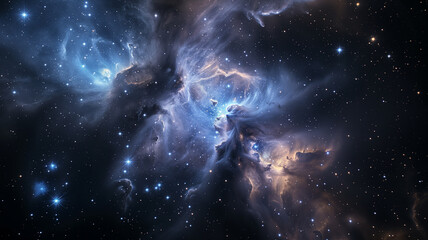 A celestial nebula brimming with stars, nebulous clouds with hues of blue and specks of white starlight scattered