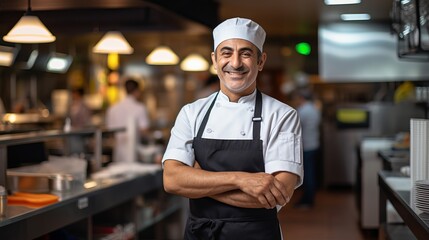 Naklejka premium Middle aged male chef in chef s hat smiling, arms crossed, wearing apron in restaurant kitchen