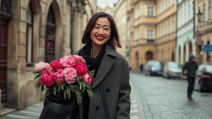 Fototapeta premium a 35-year-old lady, radiating happiness as she carries a large bag filled with vibrant peonies, her tall stature and elegant coat adding to the charm of the scene.