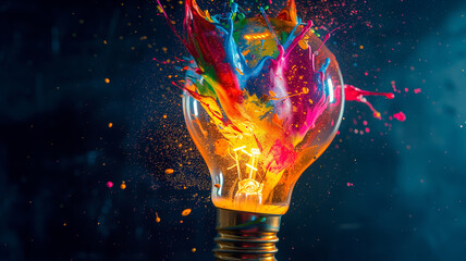 Light bulb explodes with colorful paint and splashes. Think differently creative idea concept