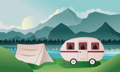 Vector landscape in cartoon style. Flat illustration of camping in nature. Mobile home with a tent by the river.