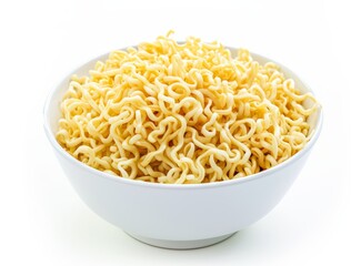 Close-up of cooked instant noodles in a white bowl on a white background.