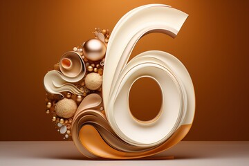 3D number six on brown background. 6 Years Old. Invitation for a sixth birthday party, business anniversary, or any event celebrating a sixth milestone. - obrazy, fototapety, plakaty