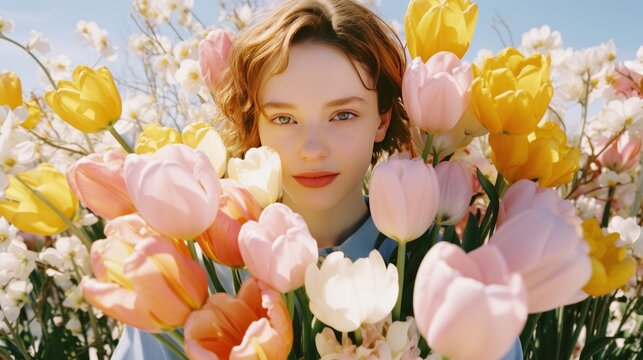 Pretty smiling woman is holding a bouquet of tulip flowers. International Women's Day. March 8. Mother's day. Celebration, party holidays and fun concept. Silly happy birthday girl