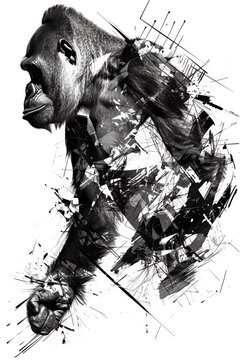 illustration of a gorilla in a grunge style on white background. AI.