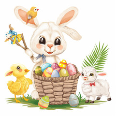 Easter bunny with a basket full of eggs, chicks with Easter bows next to them, a lamb with a palm branch