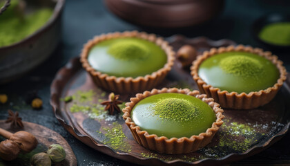 closeup of gourmet matcha pudding tarts on dark rustic background with spices