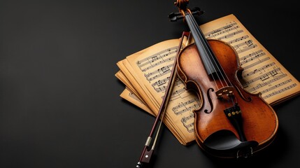 Fototapeta premium a violin accompanied by its bow and sheet music, elegantly poised on a black background, with clean lines and natural shadows enhancing its ultra-detailed craftsmanship.