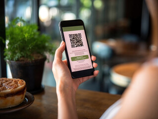 Person using smartphone to scan QR code in a restaurant setting